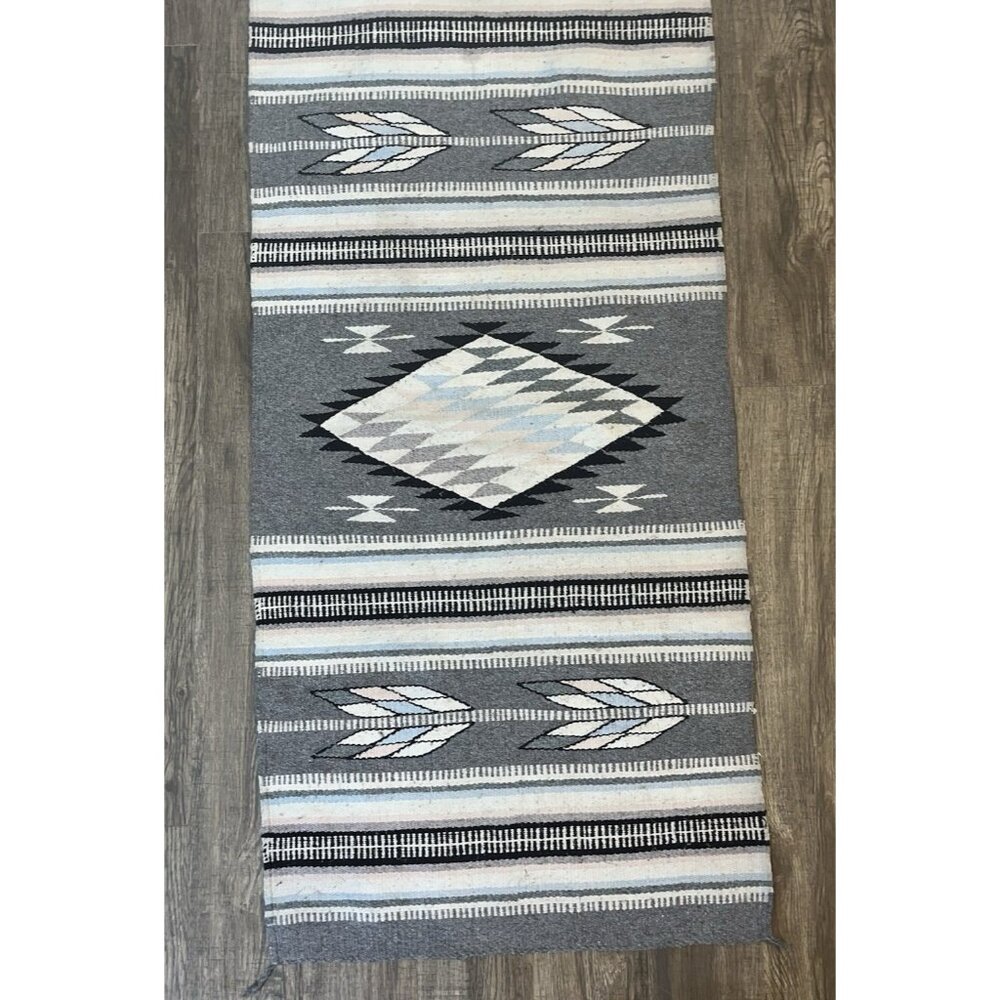Handwoven Mexican Zapotec Style Wool Rug Southwest Gray Black Aztec Decor 62x29"